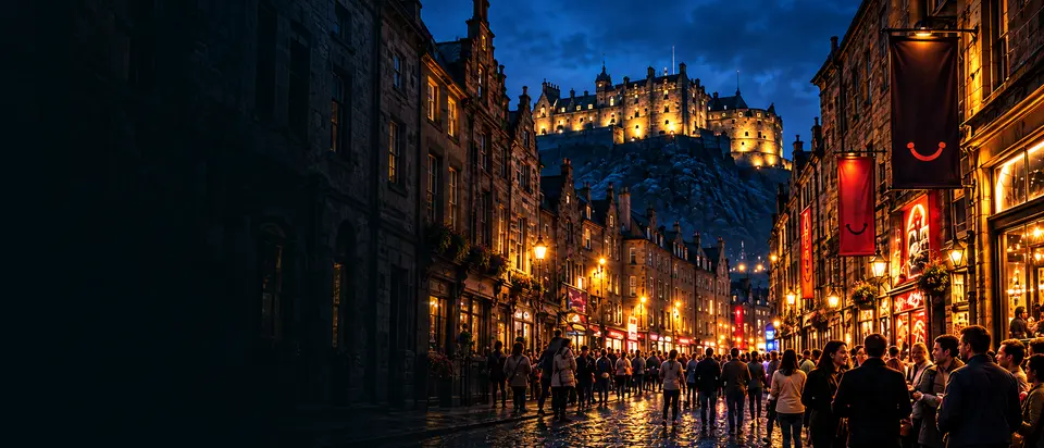 Illustration: a crowded Edinburgh street at blue hour, lamps and festival banners lit, the castle glowing on its rock above