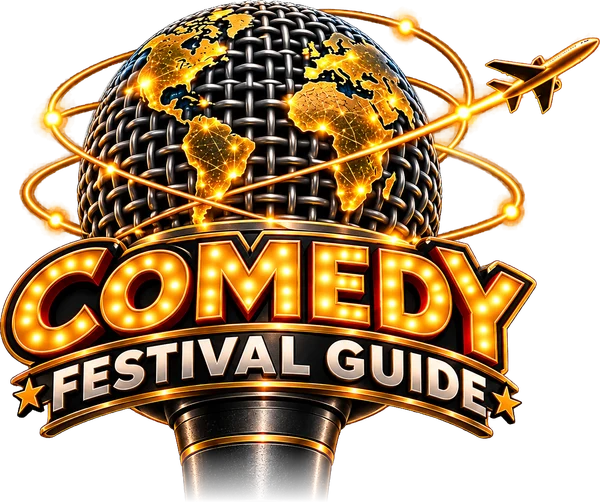 The Comedy Festival Guide logo: a microphone whose grille is a globe with gold continents, circled by orbit rings and a plane, with COMEDY in marquee lights and FESTIVAL GUIDE on a banner