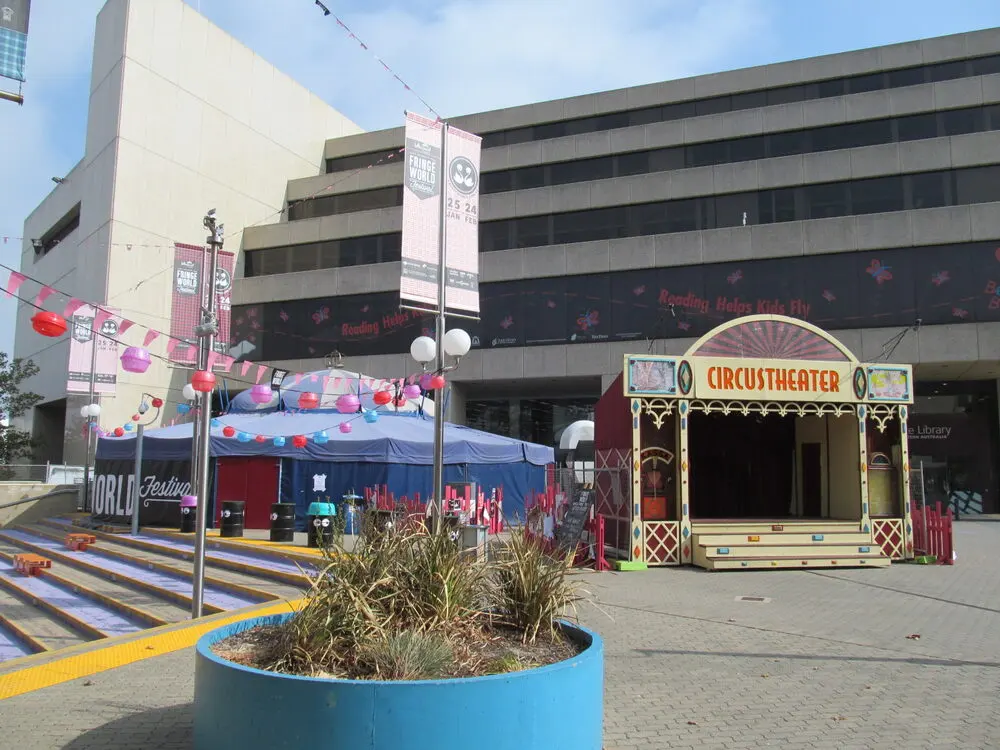 The festival tent and the painted Circus Theatre in the Perth Cultural Centre during Fringe World 2013.