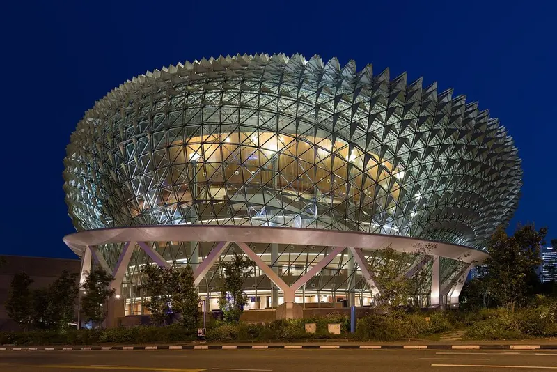 One of the Esplanade's spiked glass domes lit up at blue hour