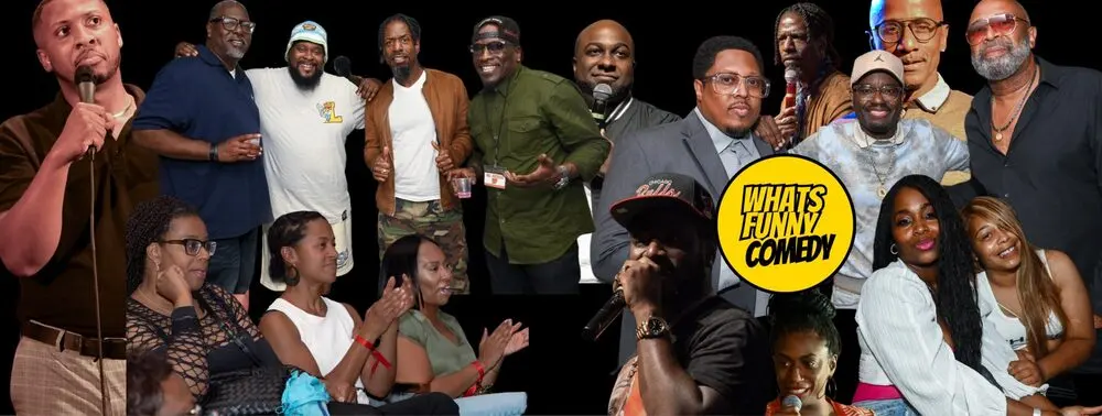 A banner of the festival's own photos: comedians with microphones, performers posing together with all-access passes, and an