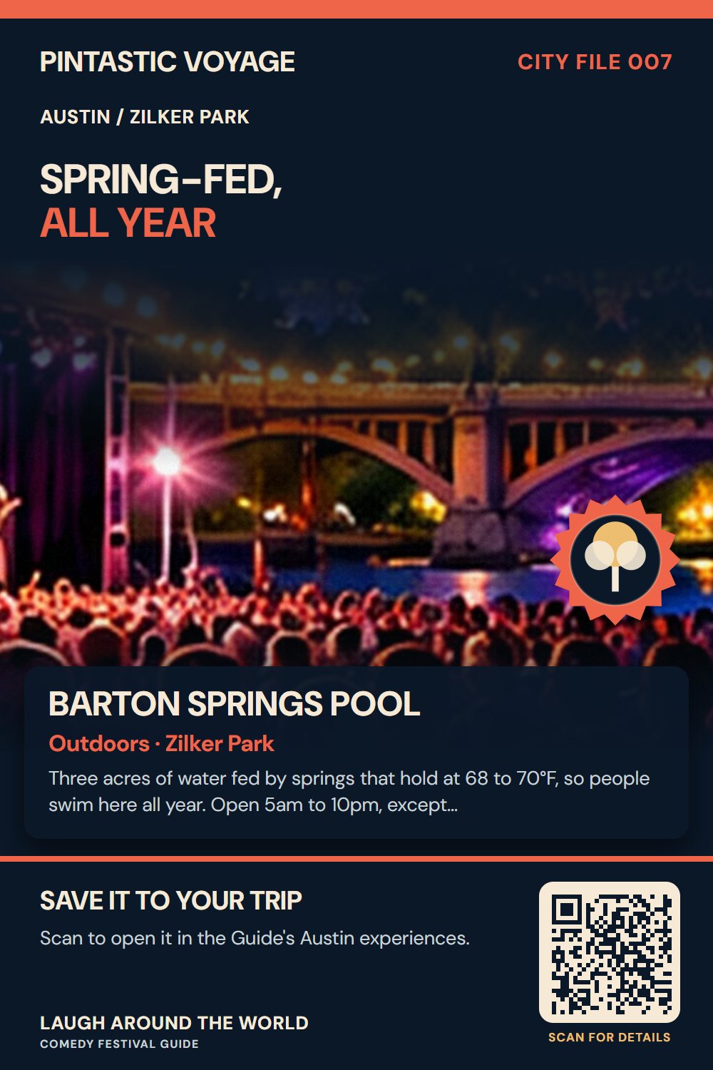 Pin: Barton Springs Pool, outdoors in Zilker Park, Austin