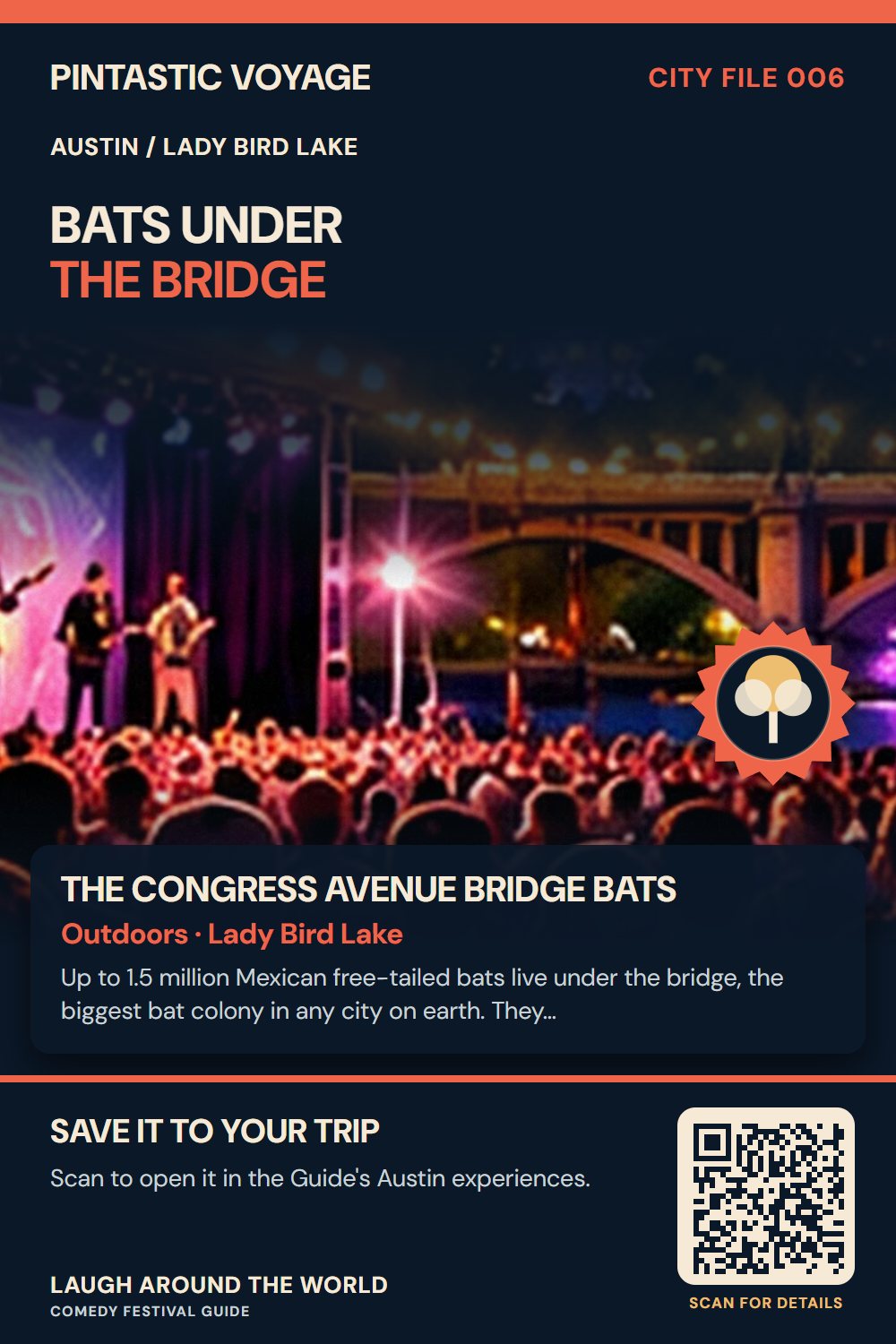 Pin: The Congress Avenue Bridge bats, outdoors in Lady Bird Lake, Austin