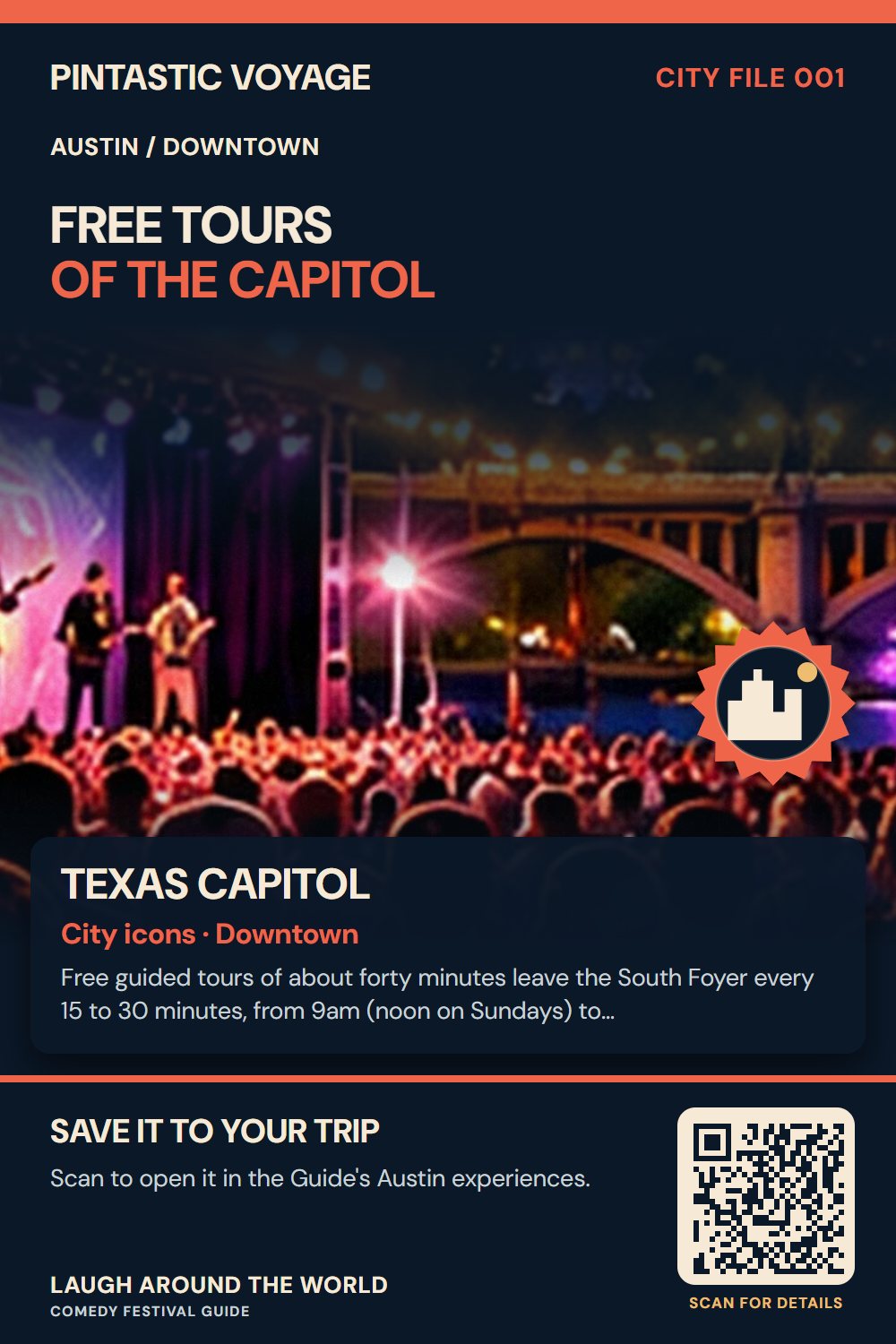 Pin: Texas Capitol, city icons in Downtown, Austin