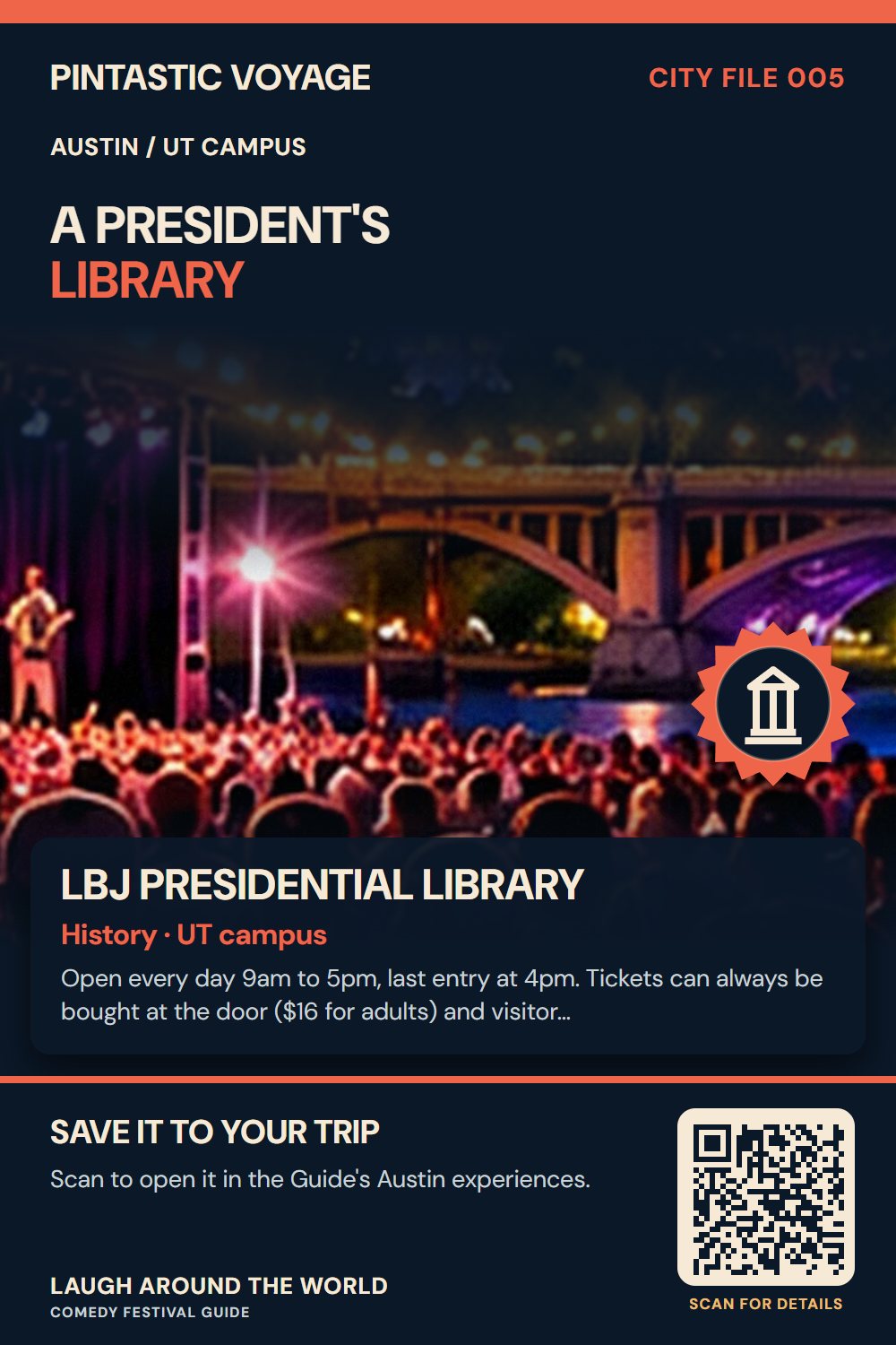 Pin: LBJ Presidential Library, history in UT campus, Austin
