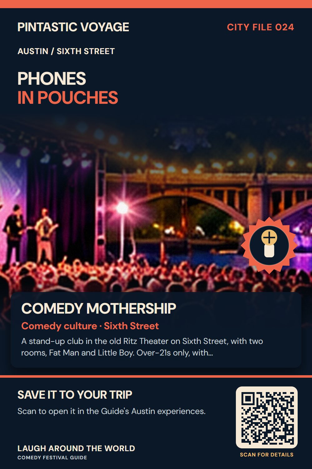 Pin: Comedy Mothership, comedy culture in Sixth Street, Austin