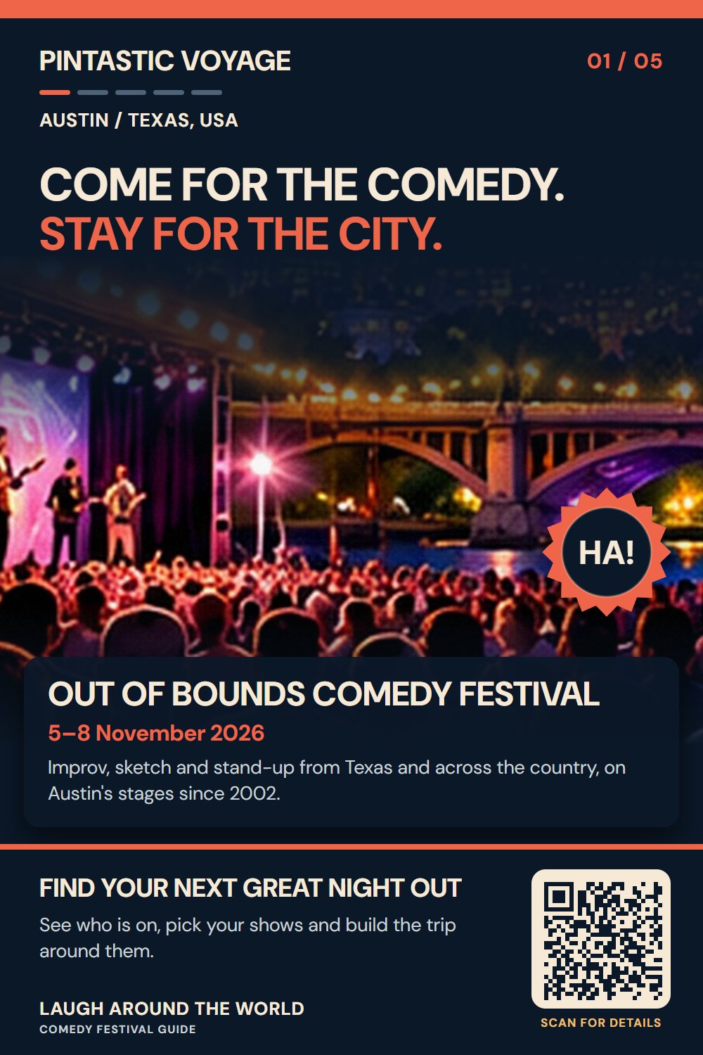 Pin: Come for the comedy. Stay for the city. Out of Bounds Comedy Festival, 5–8 November 2026