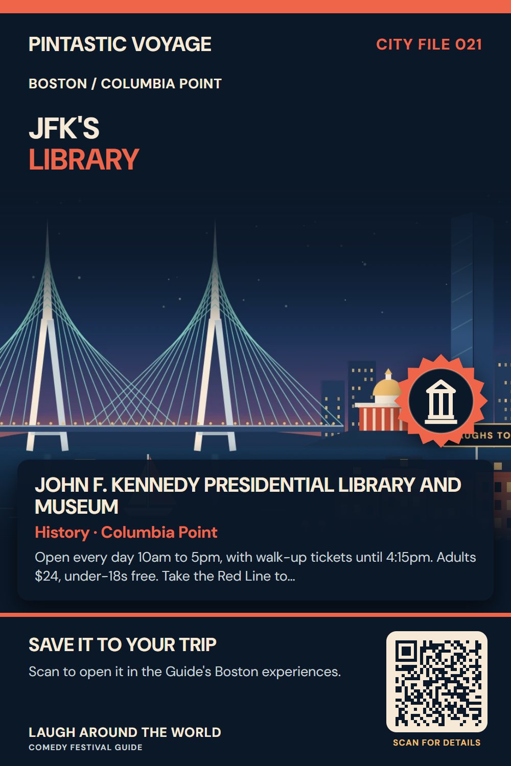 Pin: John F. Kennedy Presidential Library and Museum, history in Columbia Point, Boston
