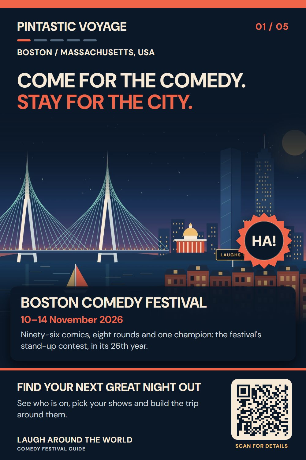 Pin: Come for the comedy. Stay for the city. Boston Comedy Festival, 10–14 November 2026