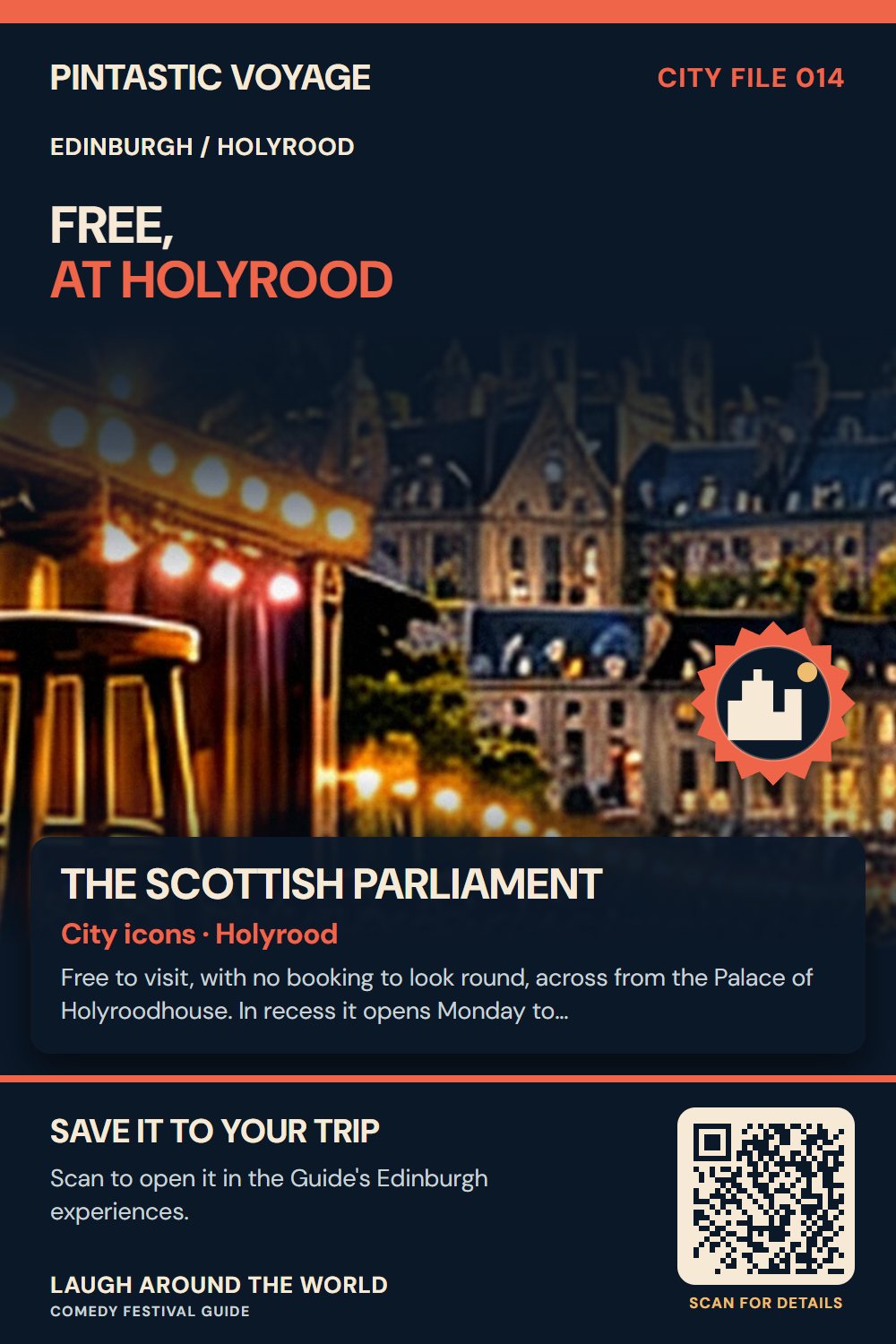Pin: The Scottish Parliament, city icons in Holyrood, Edinburgh