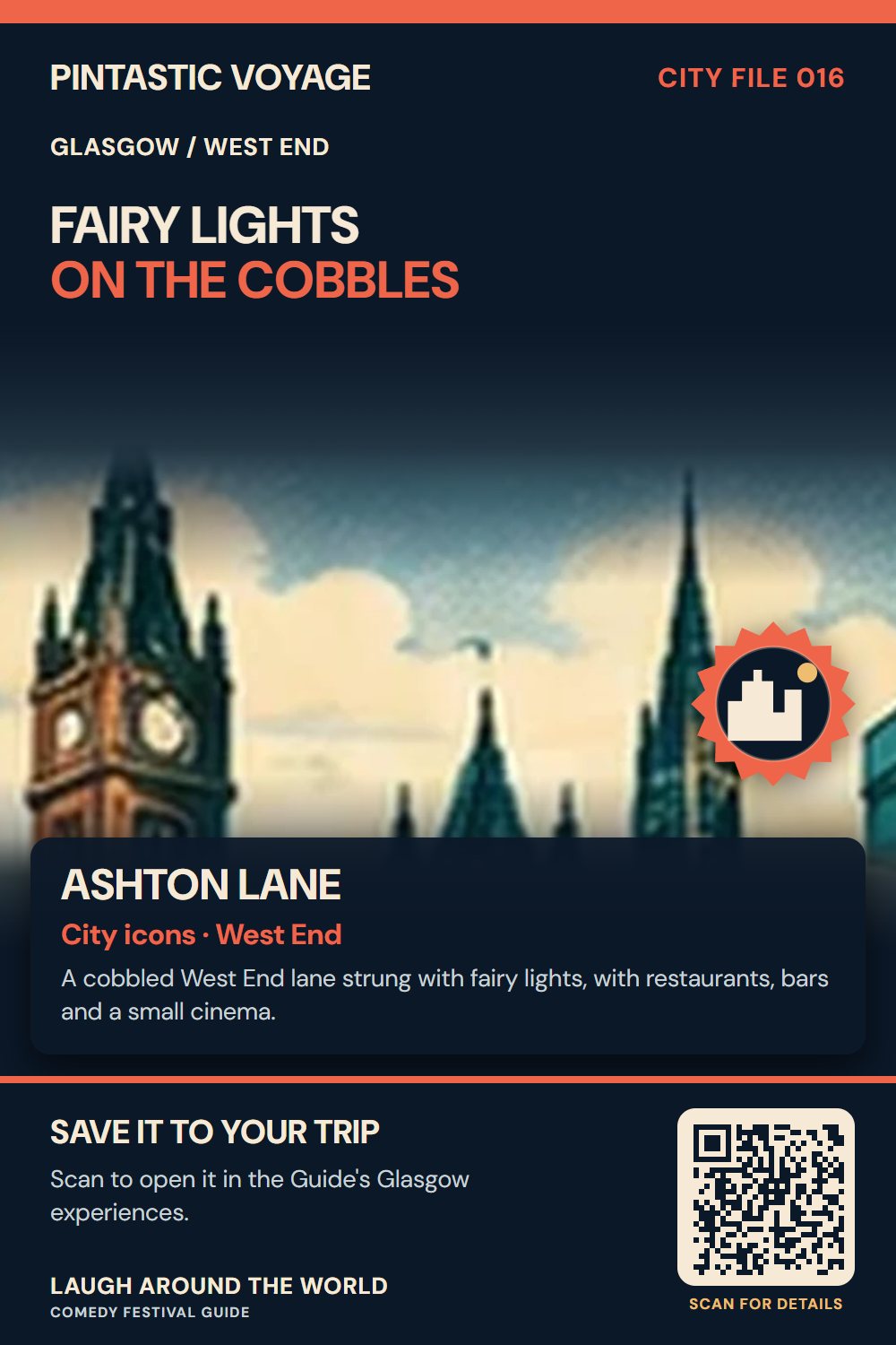 Pin: Ashton Lane, city icons in West End, Glasgow