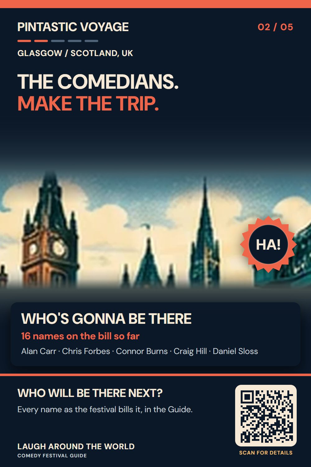 Pin 2 of 5: The comedians. Make the trip.