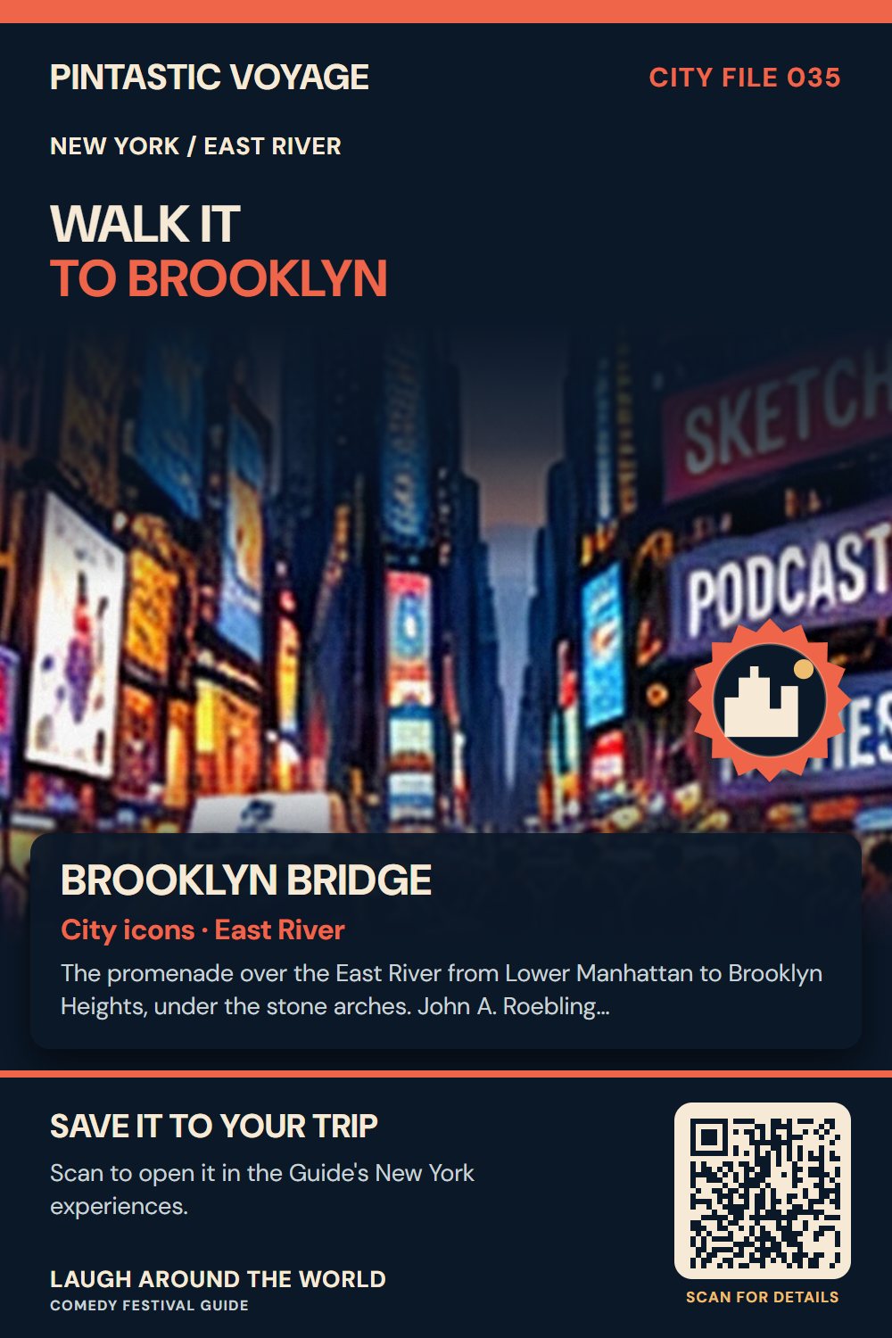 Pin: Brooklyn Bridge, city icons in East River, New York