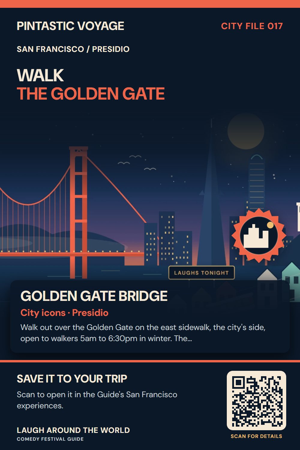 Pin: Golden Gate Bridge, city icons in Presidio, San Francisco